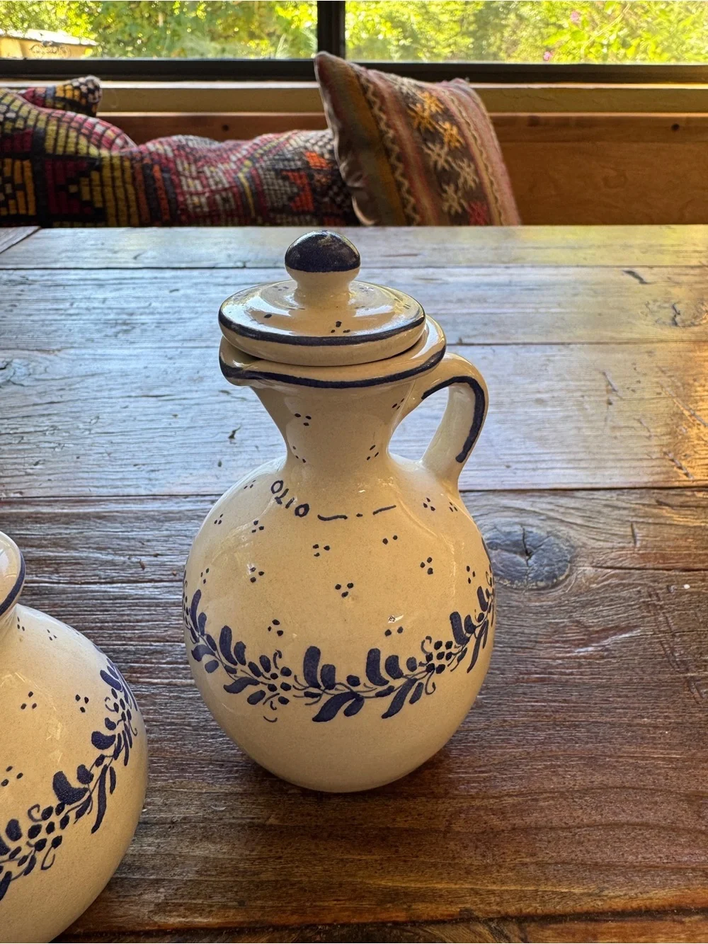 Italy Hand-Painted Blue Floral Ceramic Cruet Set - White and Blue